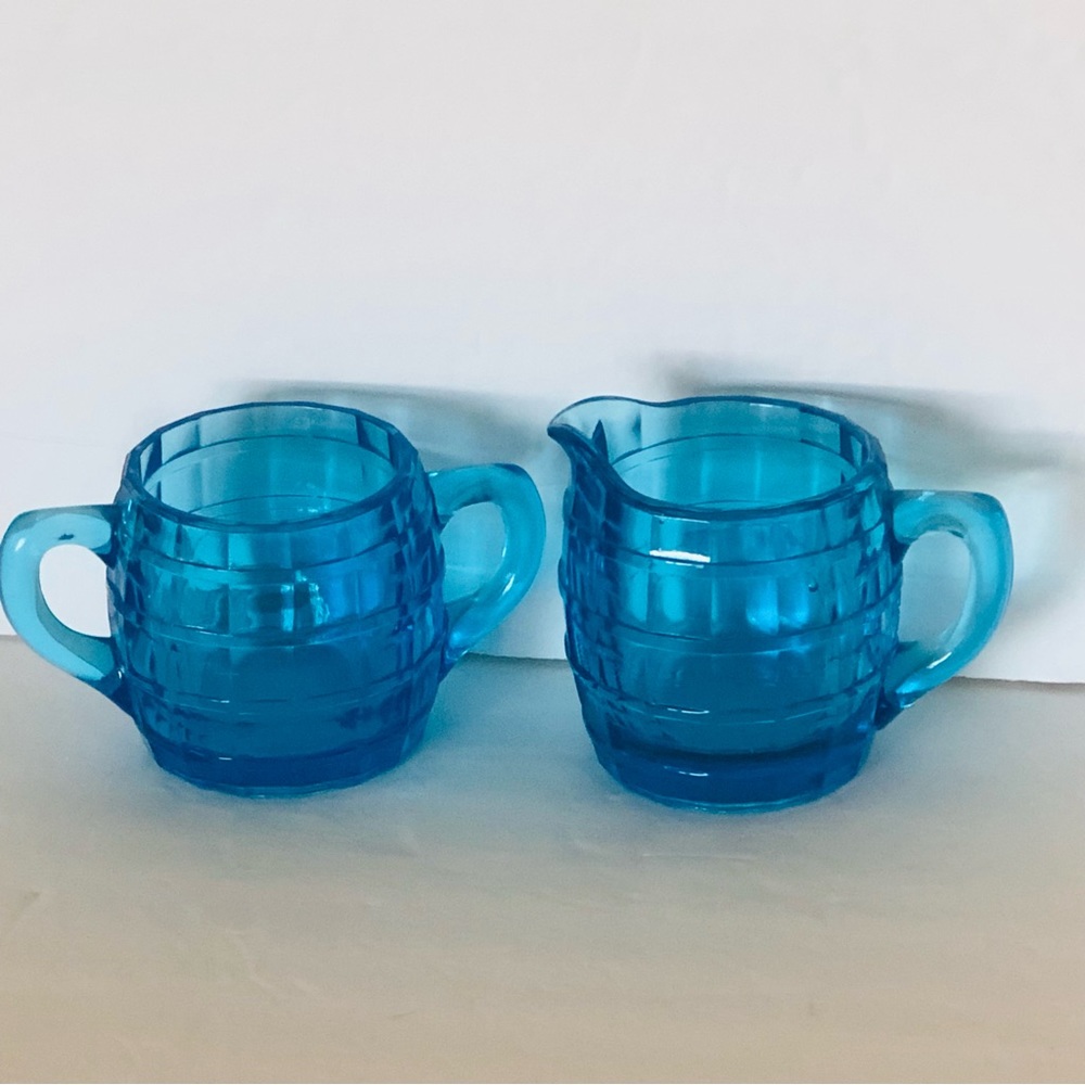 Vintage Indiana Glass Aqua Barrel Sugar & Creamer Set